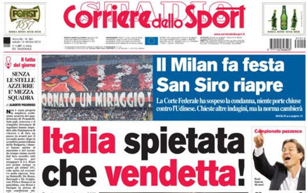 Rassegna stampa 12 ottobre 2013: prime pagine di Gazzetta, Corriere e Tuttosport