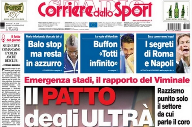 Rassegna stampa 10 ottobre 2013: prime pagine di Gazzetta, Corriere e Tuttosport