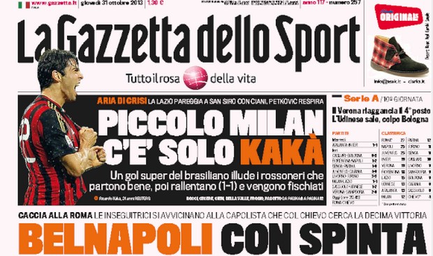 Rassegna stampa 31 ottobre 2013: prime pagine di Gazzetta, Corriere e Tuttosport