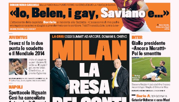 Rassegna stampa 9 novembre 2013: prime pagine di Gazzetta, Corriere e Tuttosport