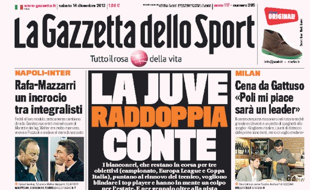 Rassegna stampa 14 dicembre 2013: prime pagine di Gazzetta, Corriere e Tuttosport
