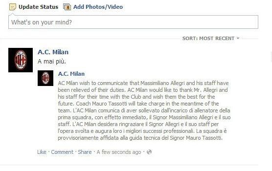 &#8220;A mai più Allegri&#8221;: gaffe della pagina Facebook del Milan?