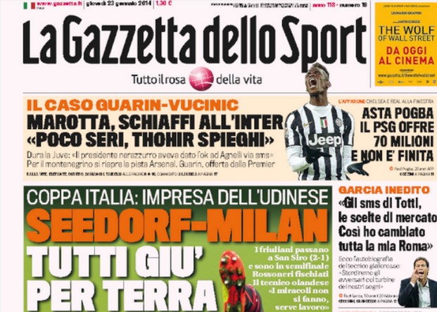 Rassegna stampa 23 gennaio 2014: prime pagine di Gazzetta, Corriere e Tuttosport