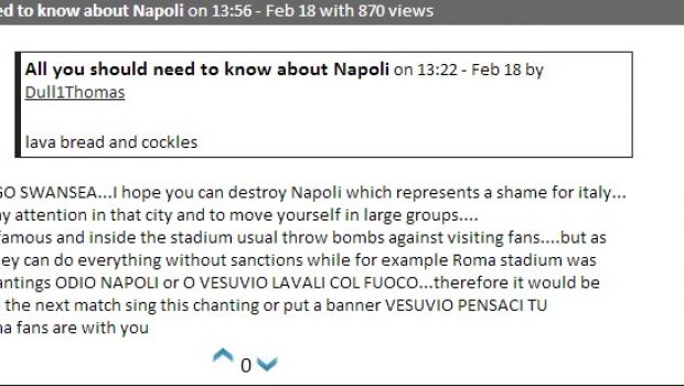 Swansea-Napoli, gallesi rifiutano consigli dei romanisti: «Non canteremo &#8220;Lavali col fuoco&#8221;»