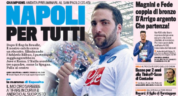 Rassegna stampa 19 agosto 2014: prime pagine Gazzetta, Corriere e Tuttosport