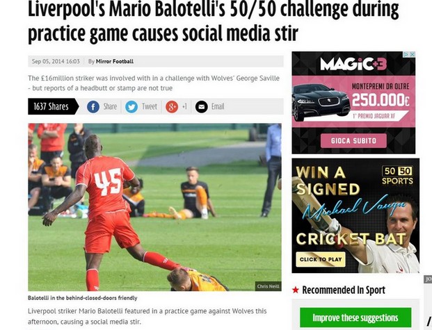 Balotelli, calcio in testa ad un avversario nell&#8217;amichevole del Liverpool?