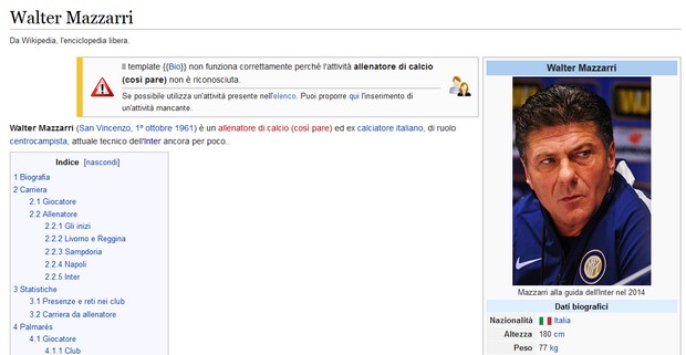 Walter Mazzarri: per Wikipedia, è l&#8217;allenatore (così pare) dell&#8217;Inter &#8220;ancora per poco&#8221;