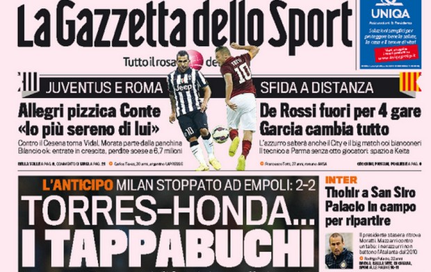 Rassegna stampa 24 settembre 2014: prime pagine Gazzetta, Corriere e Tuttosport