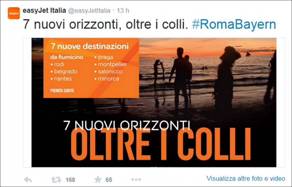 Easyjet prende in giro la Roma dopo l&#8217;1-7: &#8220;7 nuove mete dalla capitale&#8221;