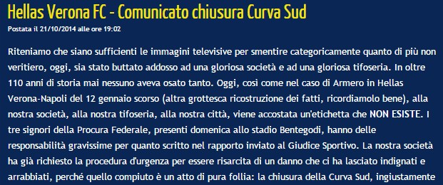 Verona: &#8220;Curva chiusa per cori razzisti? Follia, chiediamo risarcimento. Siamo con i nostri tifosi&#8221;