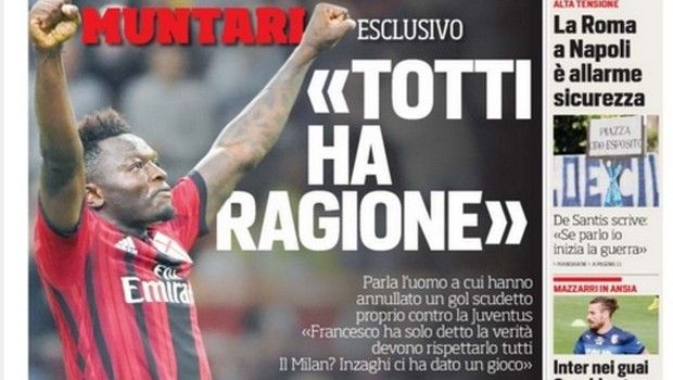 Corriere dello Sport titola &#8216;Muntari: &#8220;Totti ha ragione&#8221;&#8216;. Ma il milanista non lo ha mai detto