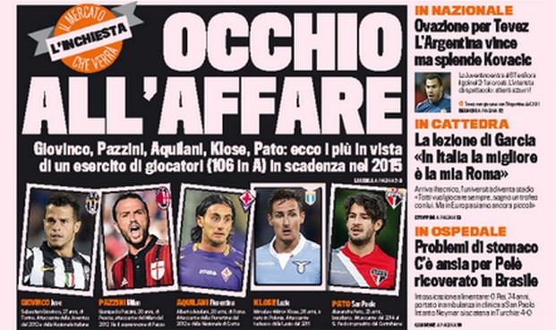 Rassegna stampa 13 novembre 2014: prime pagine Gazzetta, Corriere e Tuttosport