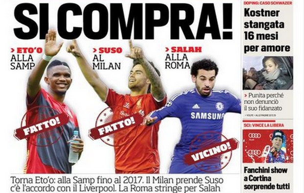 Rassegna stampa 17 gennaio 2015: prime pagine Gazzetta, Corriere e Tuttosport