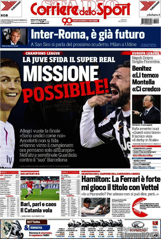 Rassegna stampa 25 aprile 2015: prime pagine Gazzetta, Corriere e Tuttosport