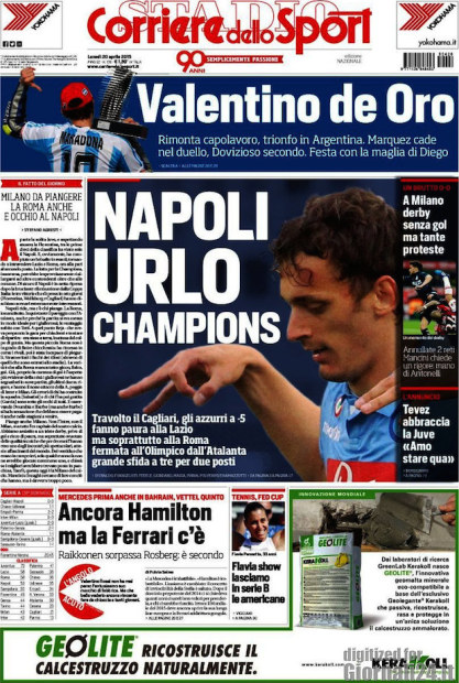 Rassegna stampa 20 aprile 2015: prime pagine Gazzetta, Corriere e Tuttosport