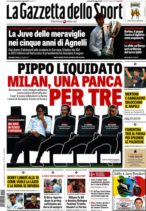 Rassegna stampa 19 maggio 2015: prime pagine Gazzetta, Corriere e Tuttosport