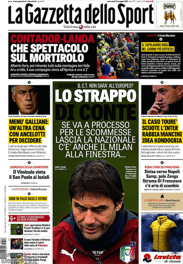Rassegna stampa 27 maggio 2015: prime pagine Gazzetta, Corriere e Tuttosport