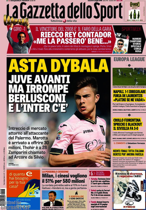 Rassegna stampa 8 maggio 2015: prime pagine Gazzetta, Corriere e Tuttosport