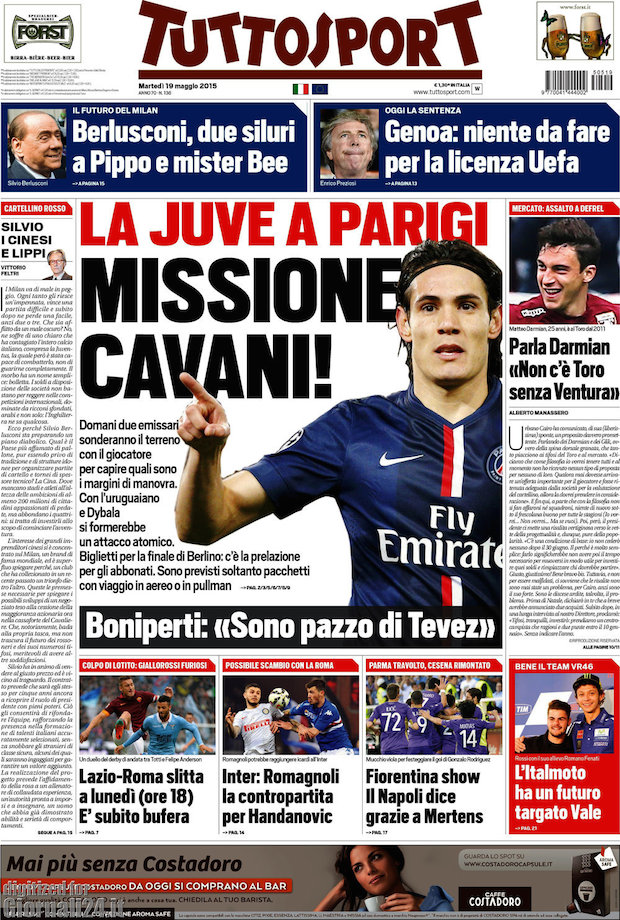 Rassegna stampa 19 maggio 2015: prime pagine Gazzetta, Corriere e Tuttosport