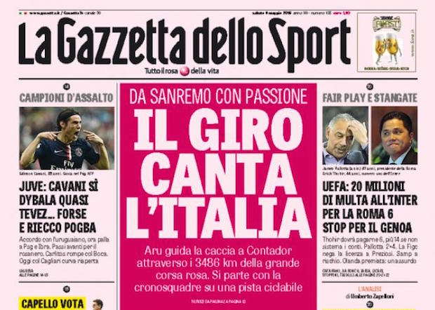 Rassegna stampa 9 maggio 2015: prime pagine Gazzetta, Corriere e Tuttosport