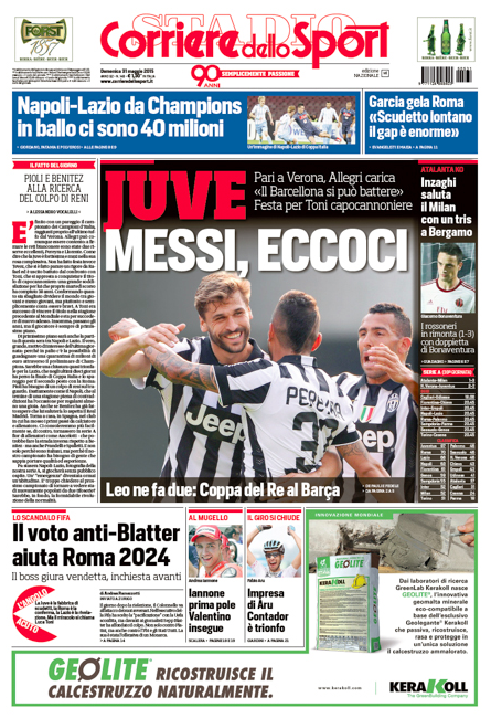 Rassegna stampa 31 maggio 2015: prime pagine Gazzetta, Corriere e Tuttosport