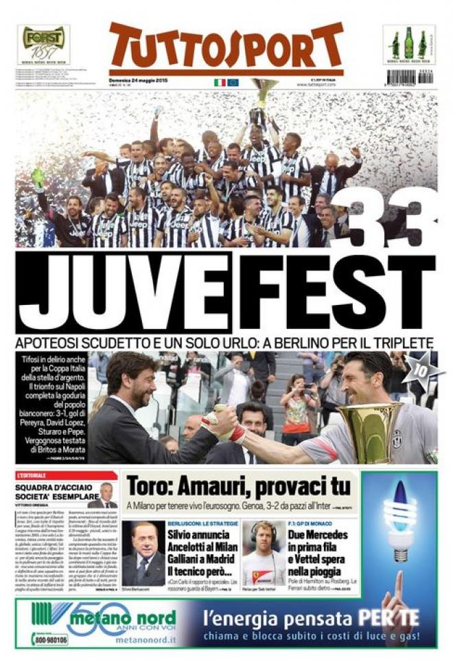 Rassegna stampa 24 maggio 2015: prime pagine Gazzetta, Corriere e Tuttosport