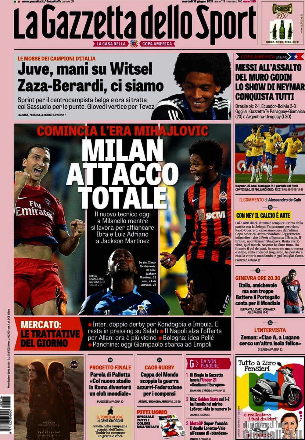 Rassegna stampa 16 giugno 2015: prime pagine Gazzetta, Corriere e Tuttosport
