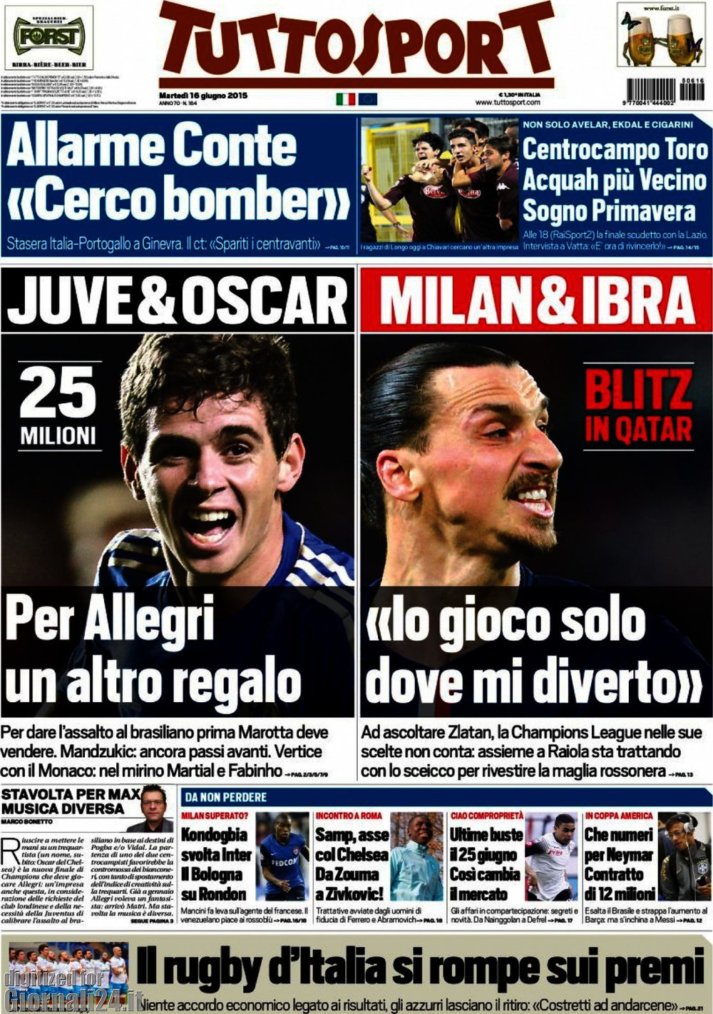 Rassegna stampa 16 giugno 2015: prime pagine Gazzetta, Corriere e Tuttosport