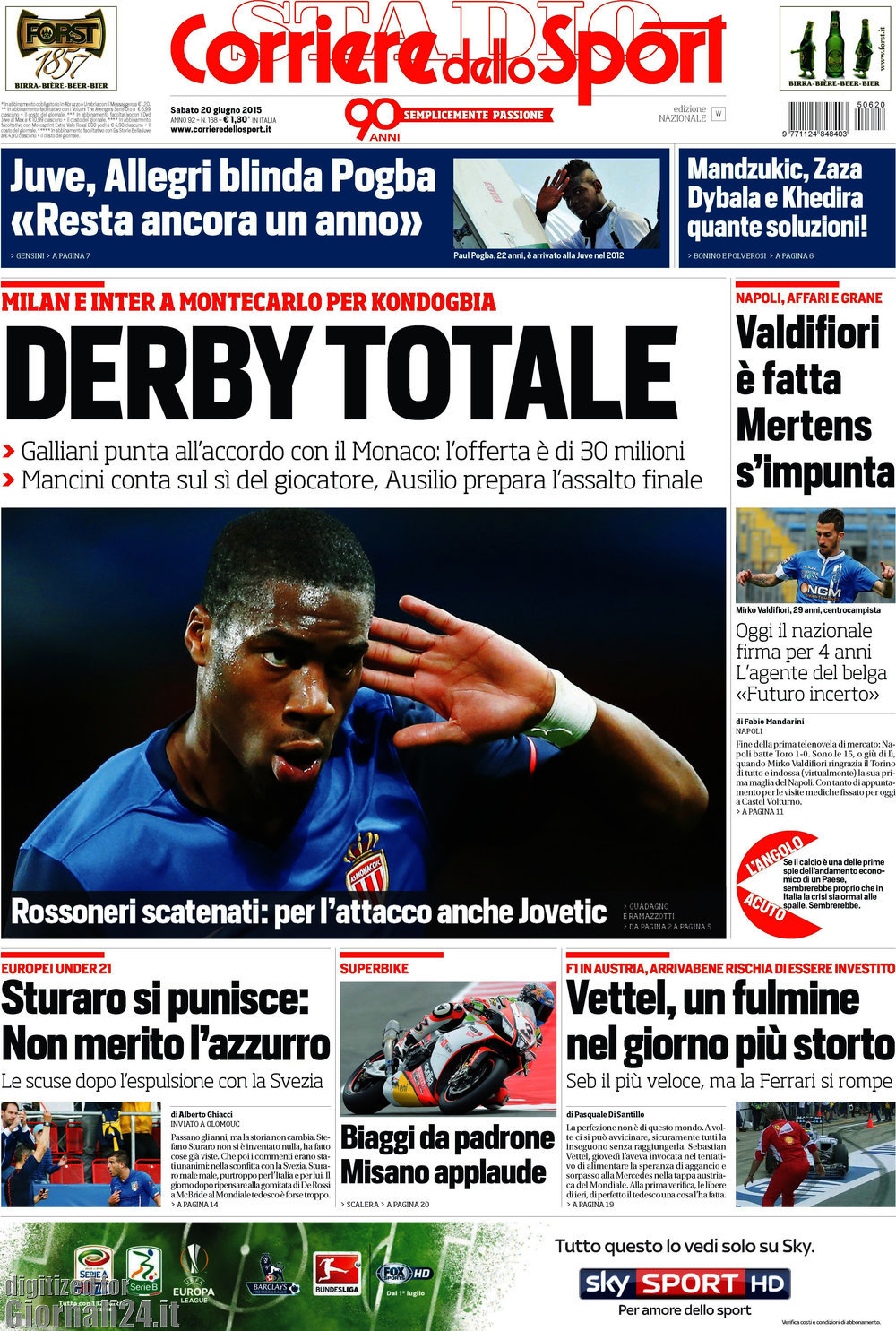 Rassegna stampa 20 giugno 2015: prime pagine Gazzetta, Corriere e Tuttosport