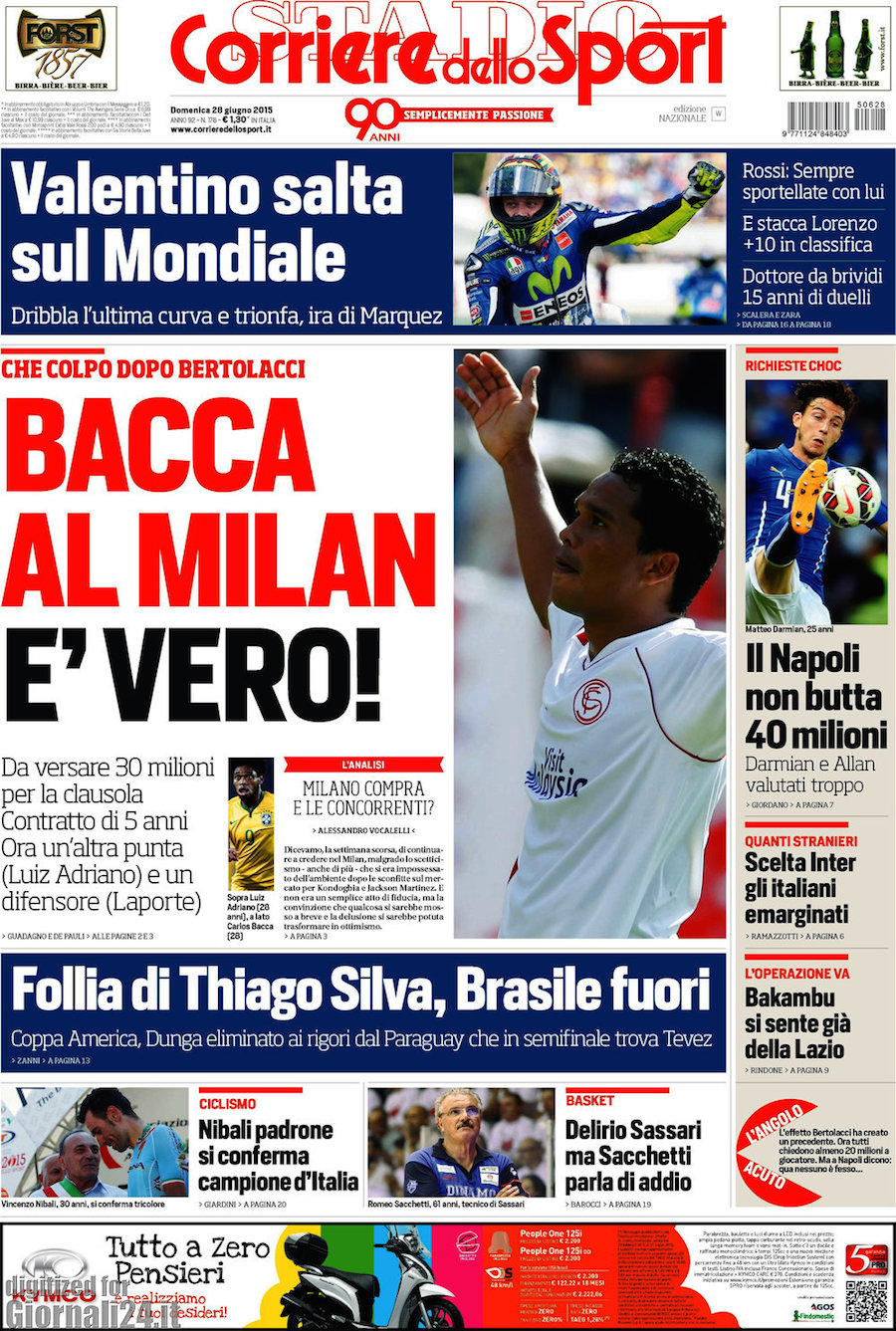Rassegna stampa 28 giugno 2015: prime pagine Gazzetta, Corriere e Tuttosport