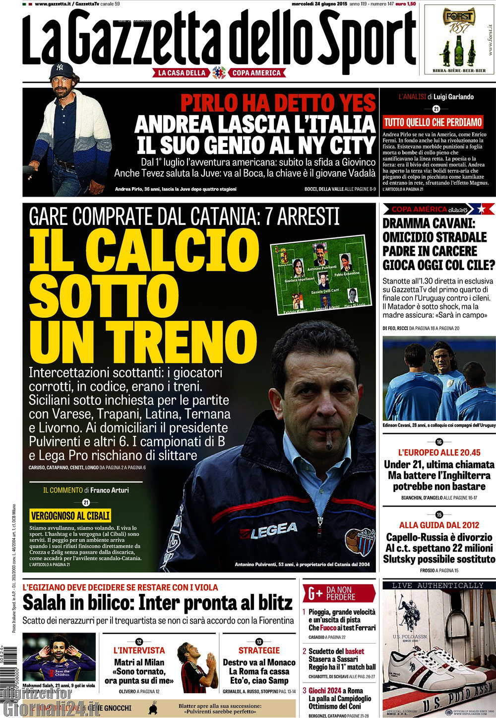 Rassegna stampa 24 giugno 2015: prime pagine Gazzetta, Corriere e Tuttosport