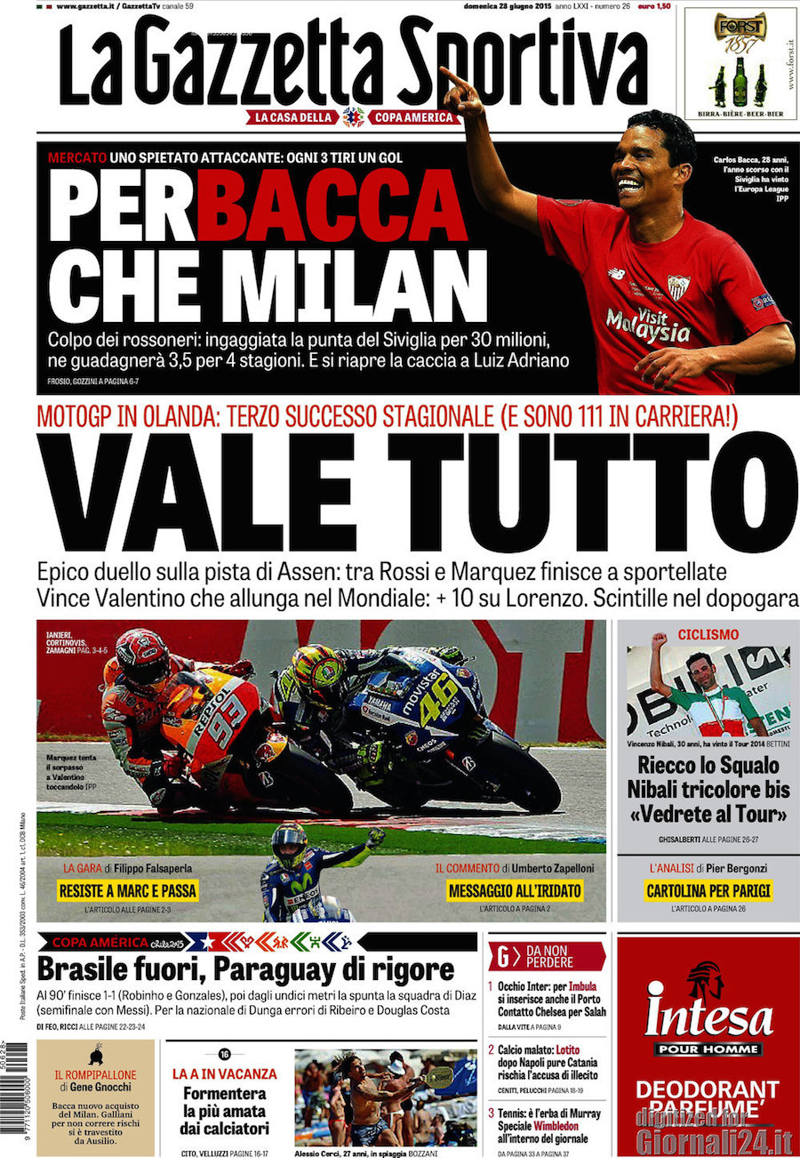 Rassegna stampa 28 giugno 2015: prime pagine Gazzetta, Corriere e Tuttosport