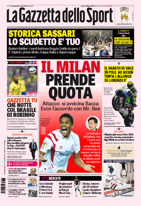Rassegna stampa 27 giugno 2015: prime pagine Gazzetta, Corriere e Tuttosport