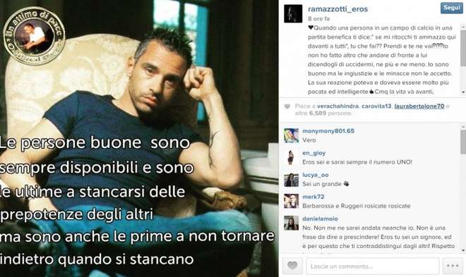 Ramazzotti: &#8220;Minacciato alla partita del cuore&#8221;