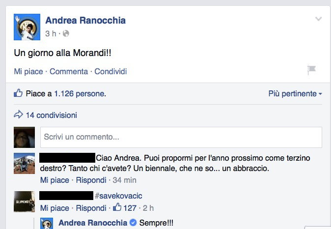 Inter, Ranocchia come Gianni Morandi su Facebook (Foto)
