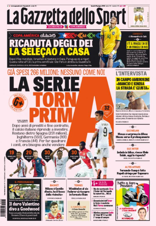Rassegna stampa 29 giugno 2015: prime pagine Gazzetta, Corriere e Tuttosport