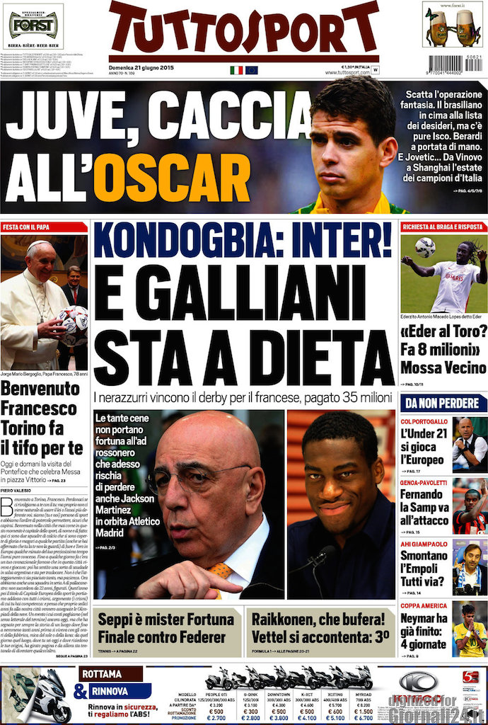Rassegna stampa 21 giugno 2015: prime pagine Gazzetta, Corriere e Tuttosport