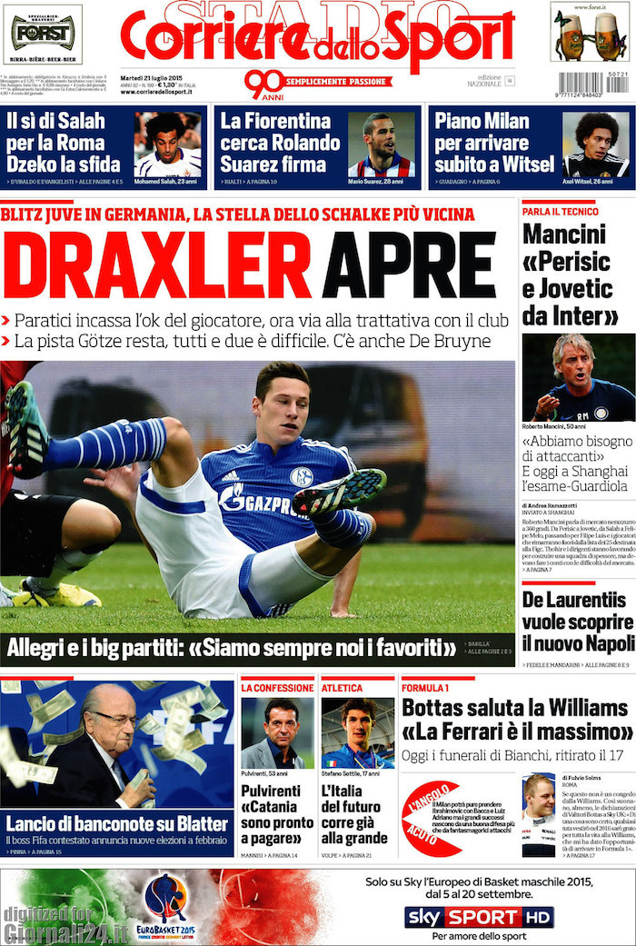 Rassegna stampa 21 luglio 2015: prime pagine Gazzetta, Corriere e Tuttosport