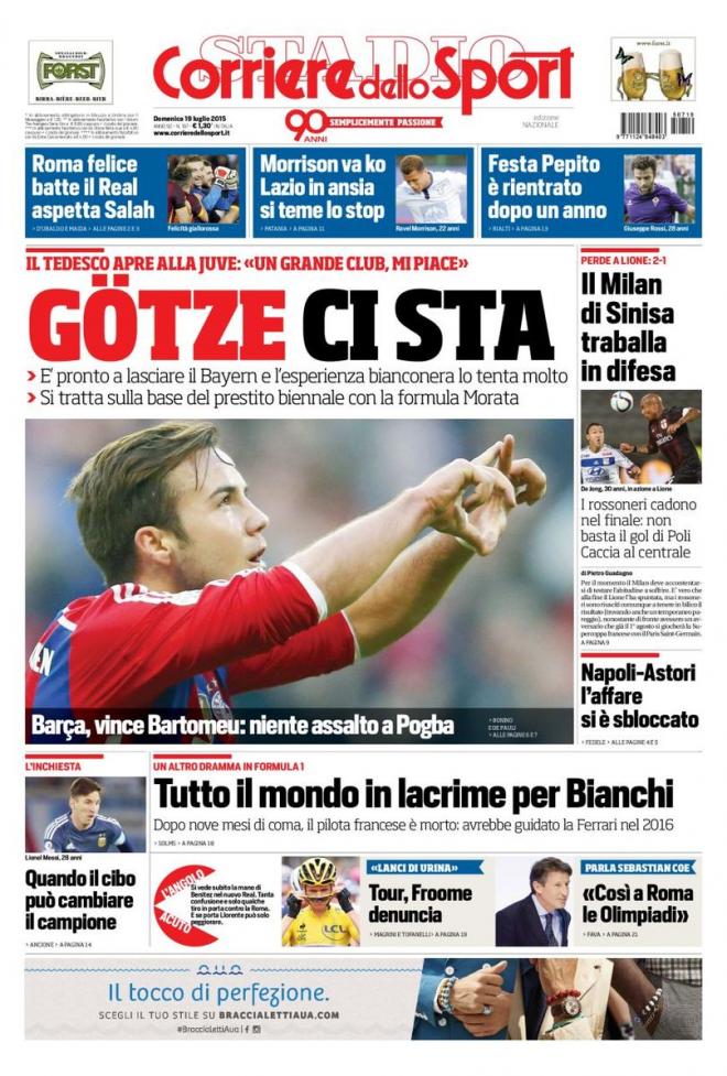 Rassegna stampa 19 luglio 2015: prime pagine di Gazzetta, Corriere e Tuttosport