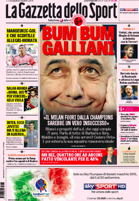 Rassegna stampa 30 luglio 2015: prime pagine Gazzetta, Corriere e Tuttosport