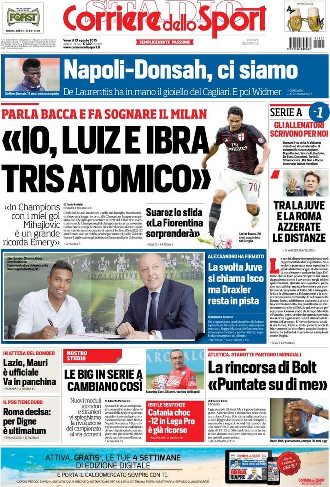 Rassegna stampa 20 agosto 2015: prime pagine Gazzetta, Corriere e Tuttosport