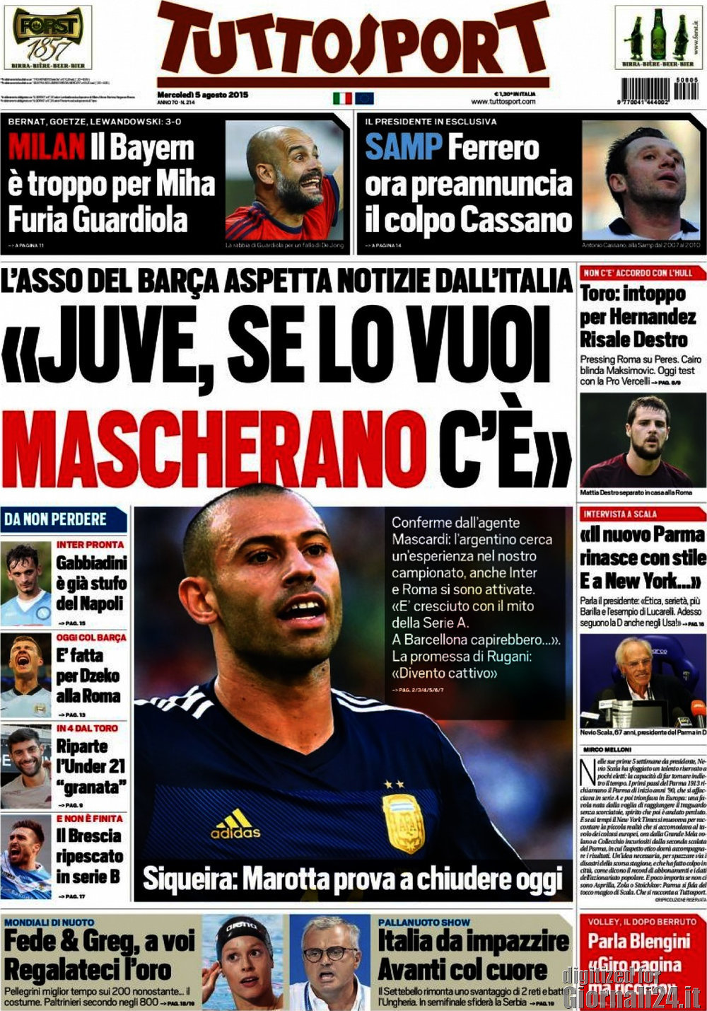 Rassegna stampa 5 agosto 2015: prime pagine Gazzetta, Corriere e Tuttosport