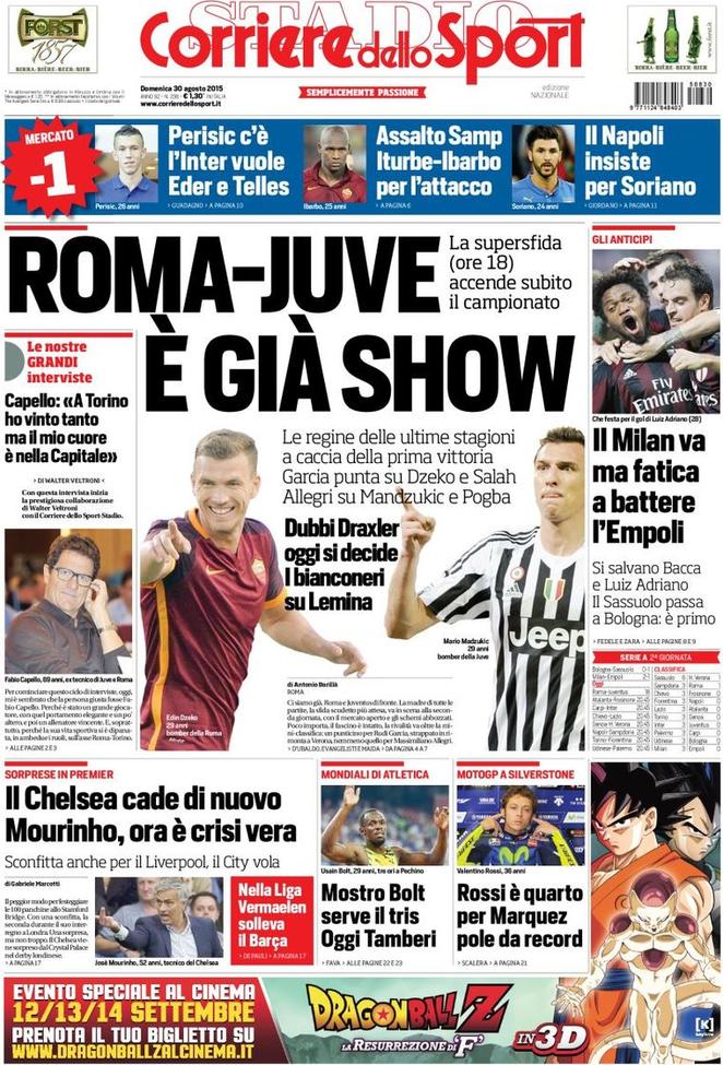 Rassegna stampa 30 agosto 2015: prime pagine Gazzetta, Corriere e Tuttosport