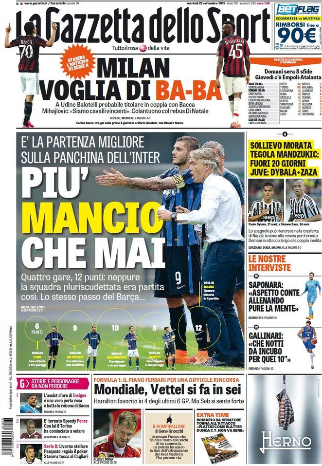 Rassegna stampa 22 settembre 2015: prime pagine Gazzetta, Corriere e Tuttosport