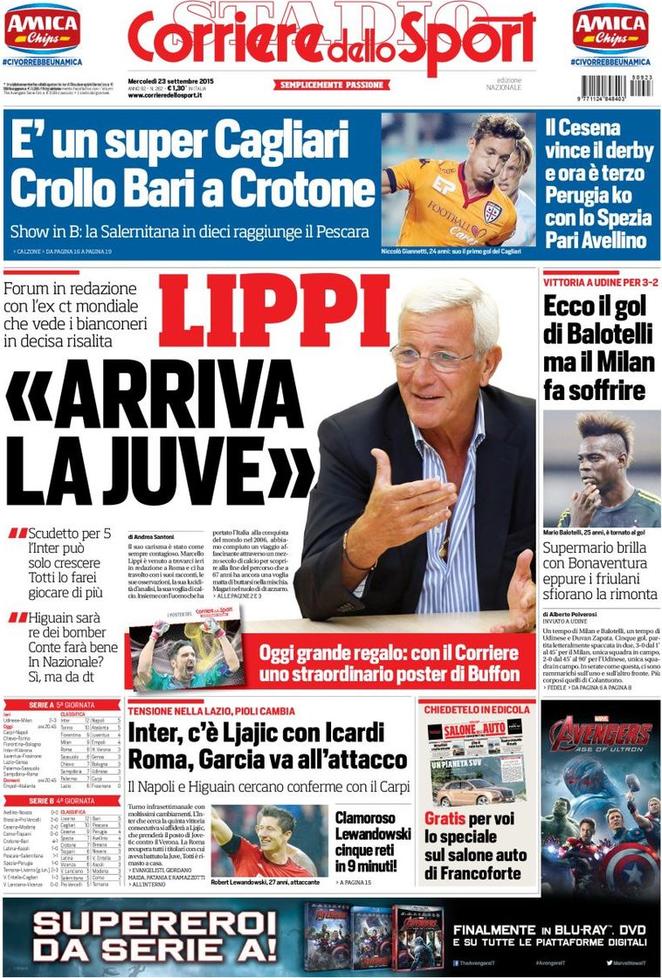 Rassegna stampa 23 settembre 2015: prime pagine Gazzetta, Corriere e Tuttosport