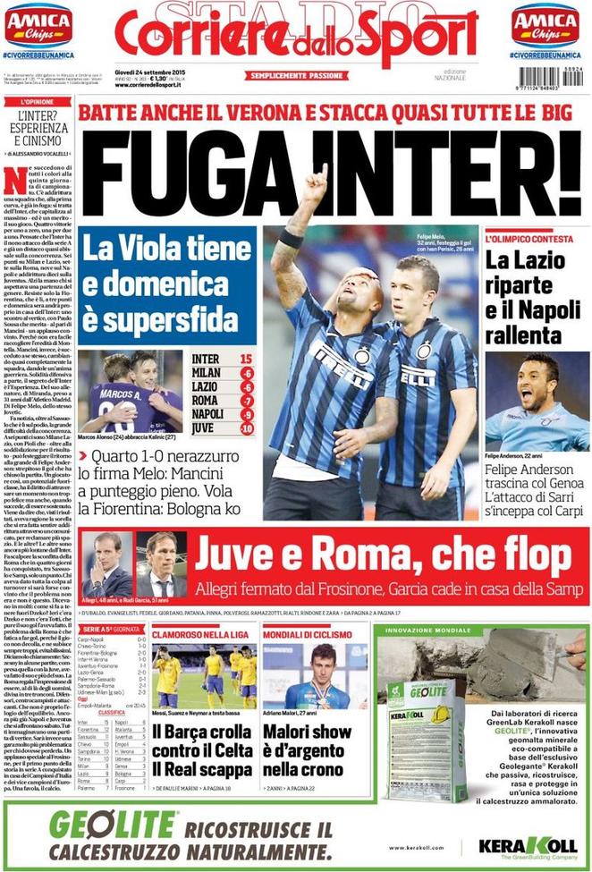 Rassegna stampa 24 settembre 2015: prime pagine Gazzetta, Corriere e Tuttosport