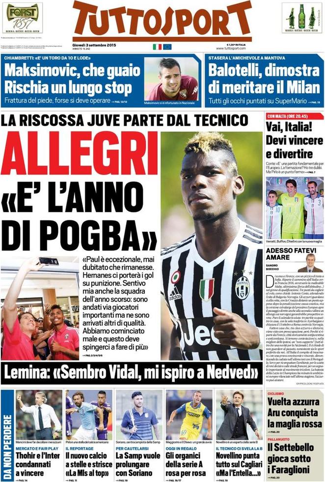 Rassegna stampa 3 settembre 2015: prime pagine Gazzetta, Corriere e Tuttosport