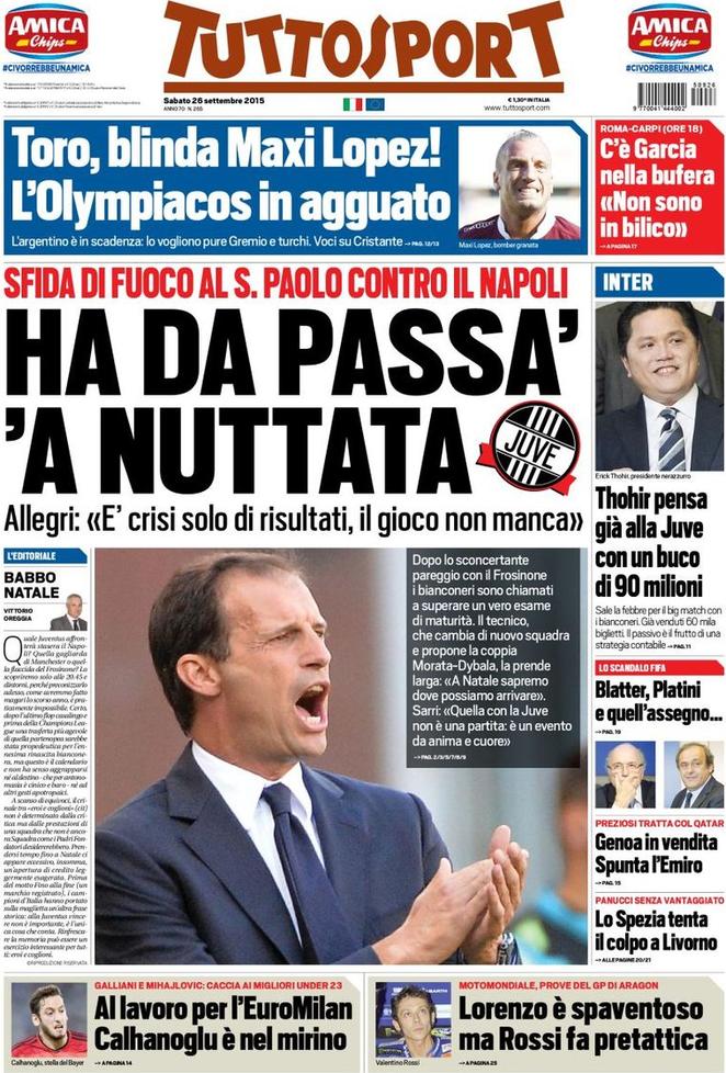 Rassegna stampa 26 settembre 2015: prime pagine Gazzetta, Corriere e Tuttosport