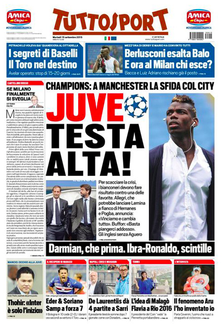 Rassegna stampa 15 settembre 2015: prime pagine Gazzetta, Corriere e Tuttosport