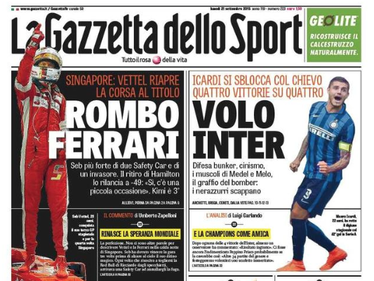 Rassegna stampa 21 settembre 2015: prime pagine Gazzetta, Corriere e Tuttosport